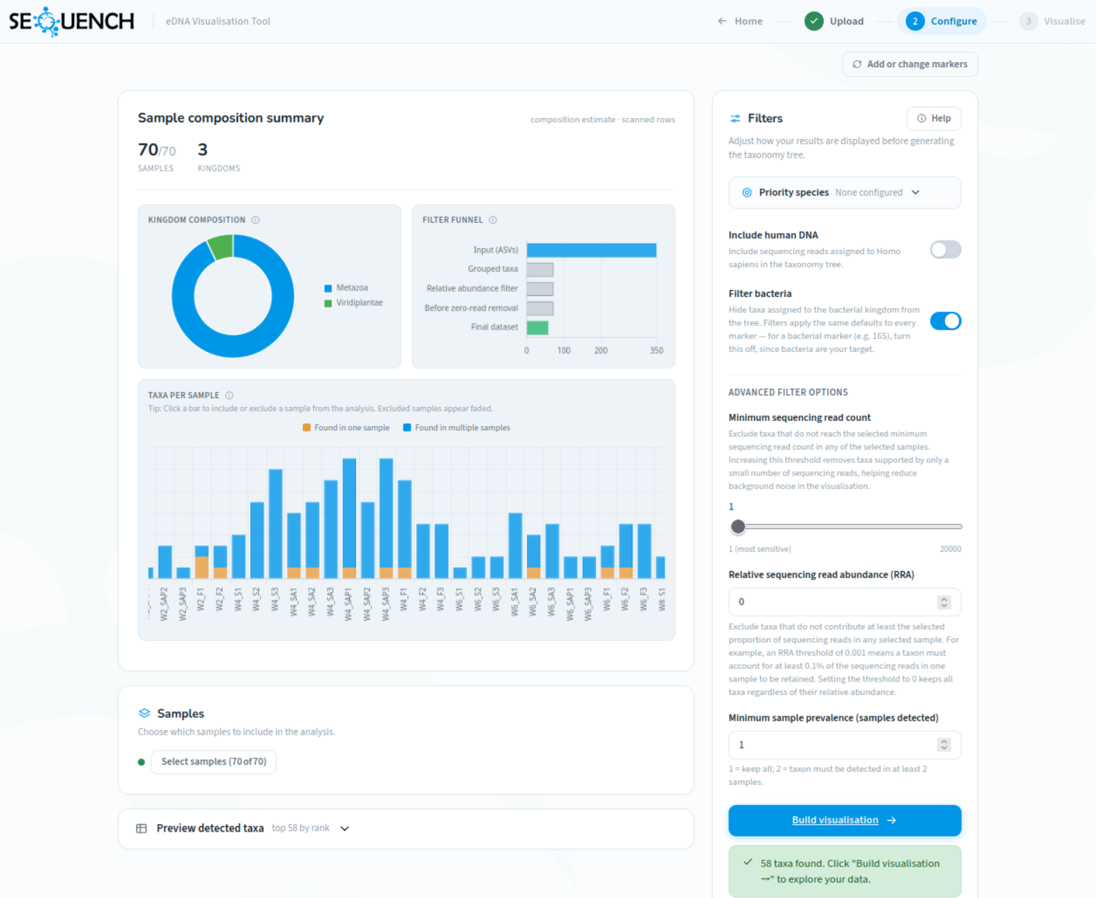 Configure page showing sample composition charts and the filter panel
